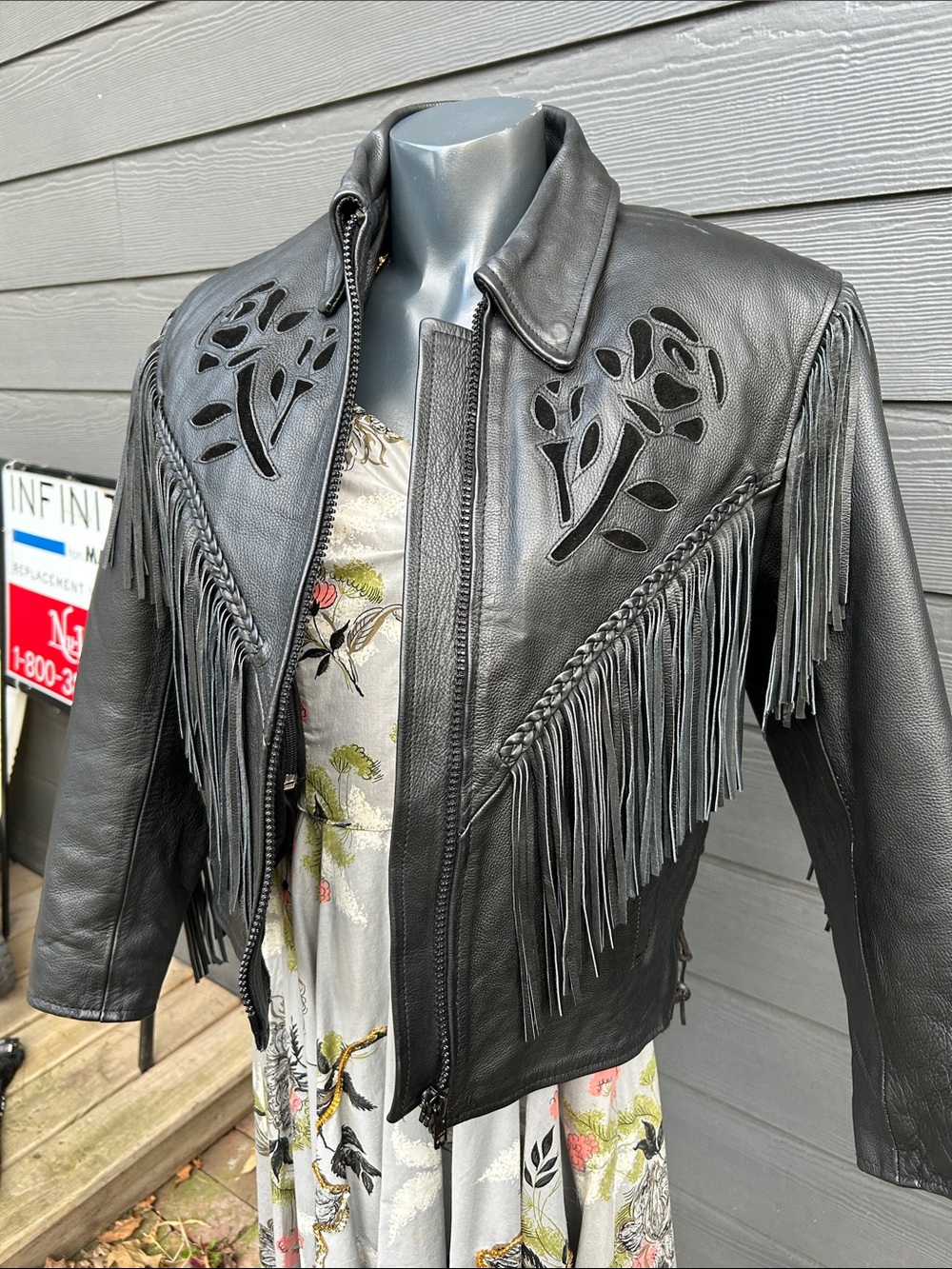 Black Leather Fringe Jacket with Cutout Floral Detail - Picture 2 of 16